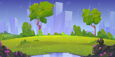 Wall Mural - Pouring rain in green urban park. Cartoon vector illustration of empty city garden glade with trees, bushes, flowers, water puddle and silhouettes of skyscrapers on background. Rainfall in megalopolis