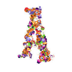 Poster - Alphabet collection from A to Z made of cartoon Halloween candies and treats.