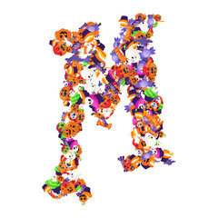Poster - Alphabet collection from A to Z made of cartoon Halloween candies and treats.