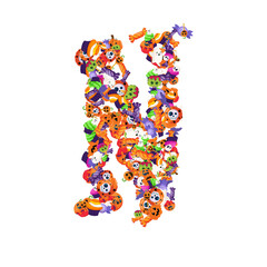 Poster - Alphabet collection from A to Z made of cartoon Halloween candies and treats.