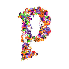Poster - Alphabet collection from A to Z made of cartoon Halloween candies and treats.