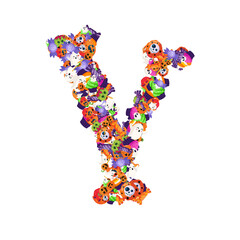 Poster - Alphabet collection from A to Z made of cartoon Halloween candies and treats.