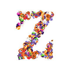 Poster - Alphabet collection from A to Z made of cartoon Halloween candies and treats.