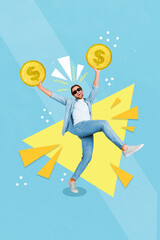 Sticker - Collage photo of young funny excited guy wear casual clothes hold coins dollars cool rich isolated on painted blue color background