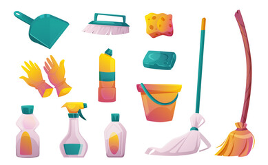 House cleaning equipment, brooms, brushes, soap,gloves and household chemicals in bottles and spray. Tools for clean, wash and sweep at home isolated on white background, vector cartoon set