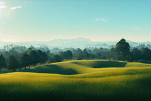 Background Of Green Grass Field On Hills And Blue Sky. 2D Illustration.