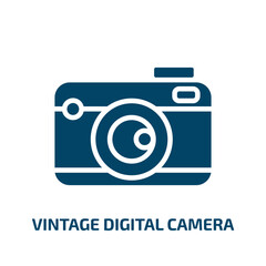 Poster - vintage digital camera icon from technology collection. Filled vintage digital camera, vintage, camera glyph icons isolated on white background. Black vector vintage digital camera sign, symbol for
