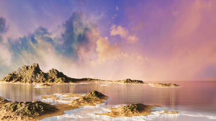Wall Mural - rocky islands in the ocean beautiful landscape with evening, morning sky, 3d render