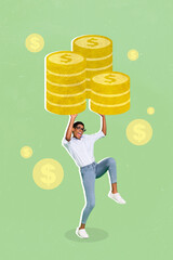 Poster - Vertical collage picture of amazed person arms hold huge pile stack money coin pressure isolated on creative background