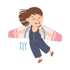 Poster - Little Girl Flying with Toy Plane Wings Demonstrating Vocabulary and Verb Studying Vector Illustration