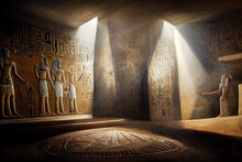 Inside The Secret Tombs Of Egyptian Pharaohs. Inaccessible To The Public Egypt Pyramid Interiors Illuminated By Natural Light. Egyptian Hieroglyphs On The Walls, Ancient Art. Generative Ai