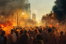 Concept Art Of Riots In An African City. Streets On Fire, Silhouettes Of Angry People Protesting In A Revolution. Wallpaper Background Showing Mob Violence And Destruction In This Digital Artwork.