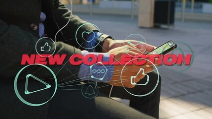 Poster - Animation of new collection text, network of connections over caucasian man with smartphone