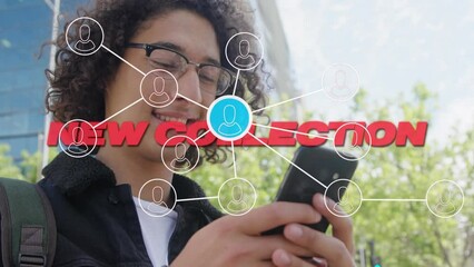 Poster - Animation of new collection text, network of connections with icons over biracial man