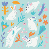 Fototapeta  - Collection of white rabbits, flowers and leaves in flat vector