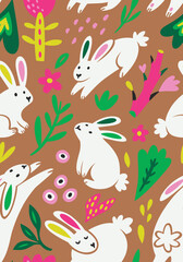 Wall Mural - Seamless pattern with white silhouette rabbits, flowers and leaves. Vector illustration