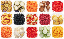 Plastic Containers With Chopped Vegetables. Top View Of Raw Vegetables (zucchini, Carrots, Bell Peppers, Eggplants, Peaches, Corn, Blackberry, Raspberry ) Isolated On White Background