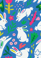 Wall Mural - Seamless pattern with white silhouette rabbits, flowers and leaves isolated on blue background. Vector flat illustration