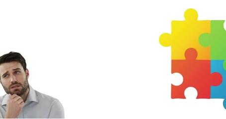 Poster - Animation of caucasian man over colourful puzzle
