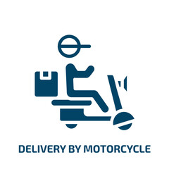 Poster - delivery by motorcycle icon from delivery and logistic collection. Filled delivery by motorcycle, scooter, delivery glyph icons isolated on white background. Black vector delivery by motorcycle sign,