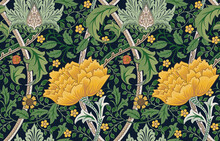 Floral Seamless Pattern With Big Orange Flowers On Dark Green Background. Vector Illustration.