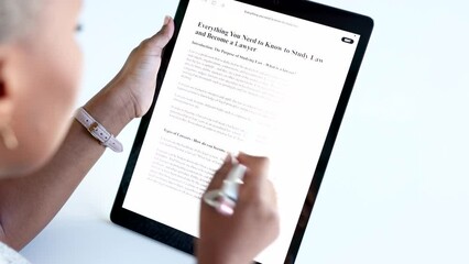 Aufkleber - Student, lawyer scholarship and tablet online application while reading and doing research to study law with distance learning. Closeup woman scrolling on internet for information on college website