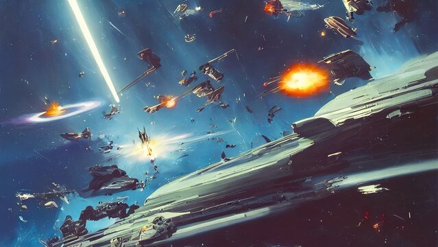 Fototapete - Space battle of spaceships and battle cruisers, laser shots sparks and explosions. Space fighters are attacking a military base. 3d illustration