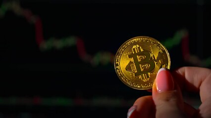 Fototapete - Bitcoin coin on background of a cryptocurrency trading chart on computer screen. Digital money, banking, investment, finance and business concept.