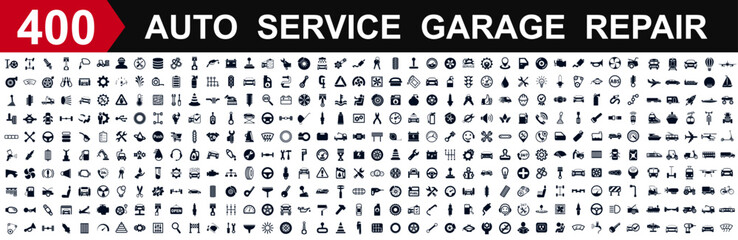 Wall Mural - Auto service, car garage 400 isolated icons set, transport repair – stock vector