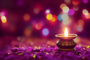 Shiny colorful floral background with illuminated 3D Oil Lamps (Diya) for Diwali celebration.