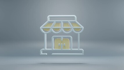 Poster - Beautiful abstract Store Building with yellow light symbol icons on a blue background. 3d rendering illustration. Background pattern for design. Online Shopping. Loops video.