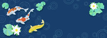 Three Colorful Japanese Koi Carp Swim In A Pond During The Rain. Circles On The Water And Blooming White Lilies. Banner On A Dark Blue Background. Place For Text. Vector Illustration.