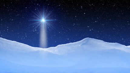 Wall Mural - snowy mountains and a bright star in the night sky.