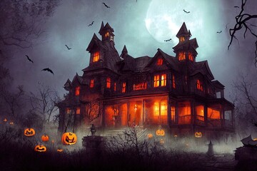 Wall Mural - A dramatic, mystical Halloween backdrop. A full moon shines in the sky, a flock of bats flies in the dark sky. Near the castle lie pumpkins with candles. 3D render