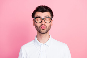 Poster - Closeup photo of young handsome positive lovely bearded boyfriend man air kiss dreamy you amour valentine isolated on pink color background