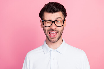 Wall Mural - Closeup photo of young bearded handsome positive guy toothy smile excited blink eye playful macho hint isolated on bright pink color background