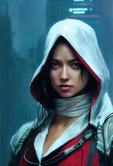 Wall Mural - Fantasy portrait of a militant female assassin with red hair and in an ancient assassin costume. The concept of ancient warriors. 3D render