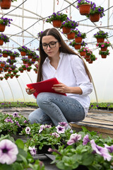 Attractive woman make inventory garden shopping center. Female farmer examining plants. Floral business concept.