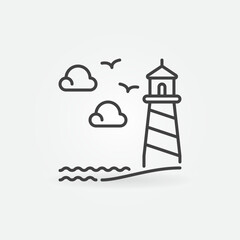 Poster - Lighthouse on Cliff with Seagulls and Clounds vector linear icon