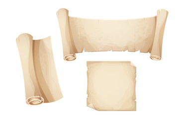 Wall Mural - set ancient old parchment paper, scroll, page empty medieval letter in cartoon style isolated on whi