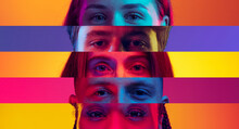 Vertical Composite Image Of Close-up Male And Female Eyes Isolated On Colored Neon Striped Backgorund. Concept Of Equality, Unification Of All Nations, Ages And Interests