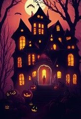 Wall Mural - A dramatic, mystical Halloween backdrop. A full moon shines in the sky, a flock of bats flies in the dark sky. Near the castle lie pumpkins with candles. 3D render