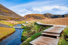 Wooden Footpath And Changing Rooms By Hot River Stream In Reykjadalur Valley