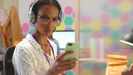 Poster - Woman, computer or headphones for phone music playlist, podcast or radio motivation audio. Digital marketing worker, advertising employee or creative office business people on social media technology