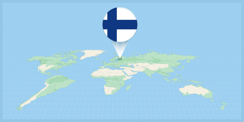 Wall Mural - Location of Finland on the world map, marked with Finland flag pin.