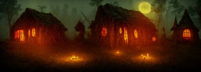 Halloween background. Witch hut. Banner size. 3d