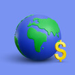 Realistic 3d planet Earth with dollar sign on blue background. Vector illustration