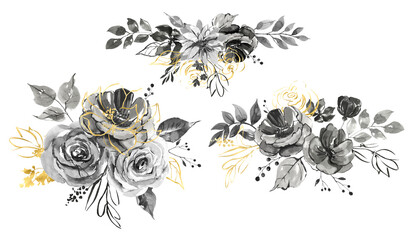 Dark watercolor flowers with linear golden leaves and flowers.  monochrome compositions from flowers of leaves and lines.  Boho bouquets for invitations, postcards.  Gold foil, black, dark floral 
