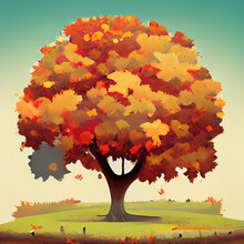 Autumn Cartoon Maple Tree Cute Illustration. Colorful Picture With Autumn Tree. Digital Illustration.