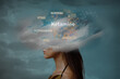 girl with the inscription ketamine instead of a head with a cloud, modern collage, surreal